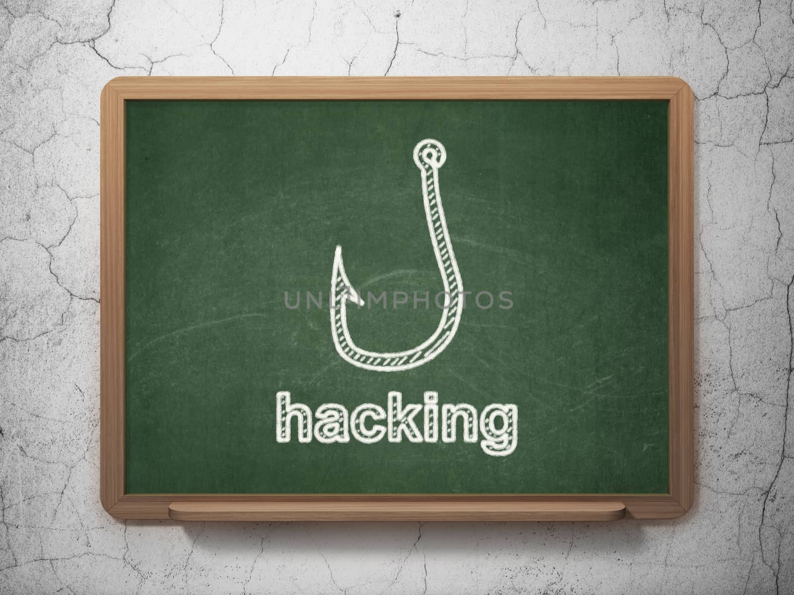 Protection concept: Fishing Hook icon and text Hacking on Green chalkboard on grunge wall background, 3d render