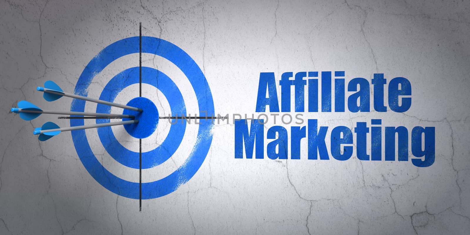 Success finance concept: arrows hitting the center of target, Blue Affiliate Marketing on wall background, 3d render