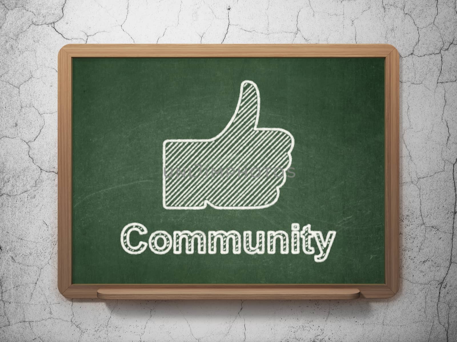 Social media concept: Thumb Up icon and text Community on Green chalkboard on grunge wall background, 3d render