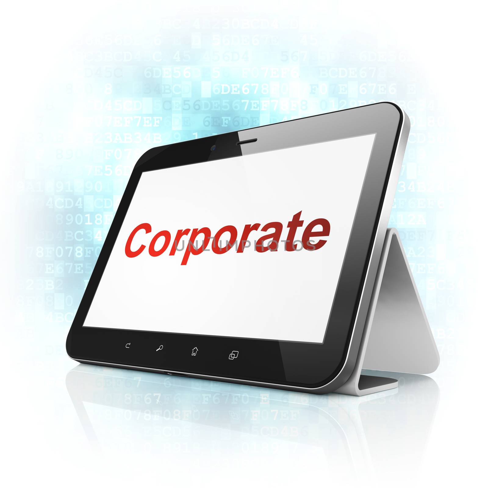 Finance concept: black tablet pc computer with text Corporate on display. Modern portable touch pad on Blue Digital background, 3d render