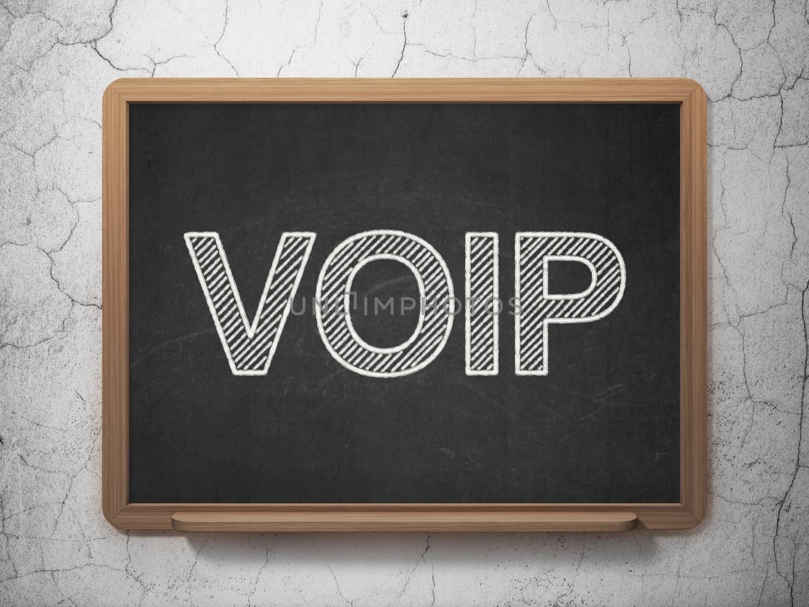 Web design concept: text VOIP on Black chalkboard on grunge wall background, 3d render