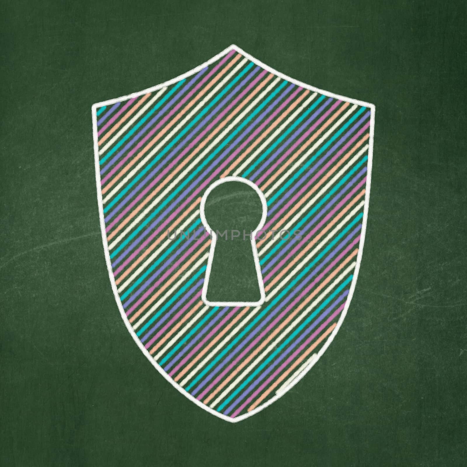 Safety concept: Shield With Keyhole icon on Green chalkboard background, 3d render