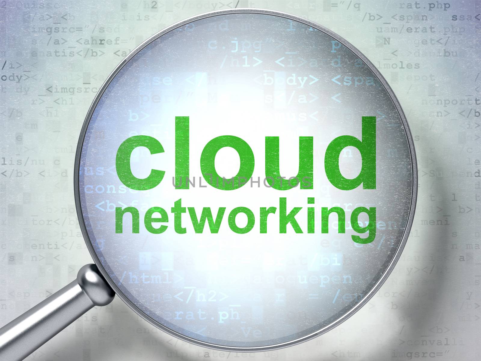 Cloud computing concept: magnifying optical glass with words Cloud Networking on digital background, 3d render