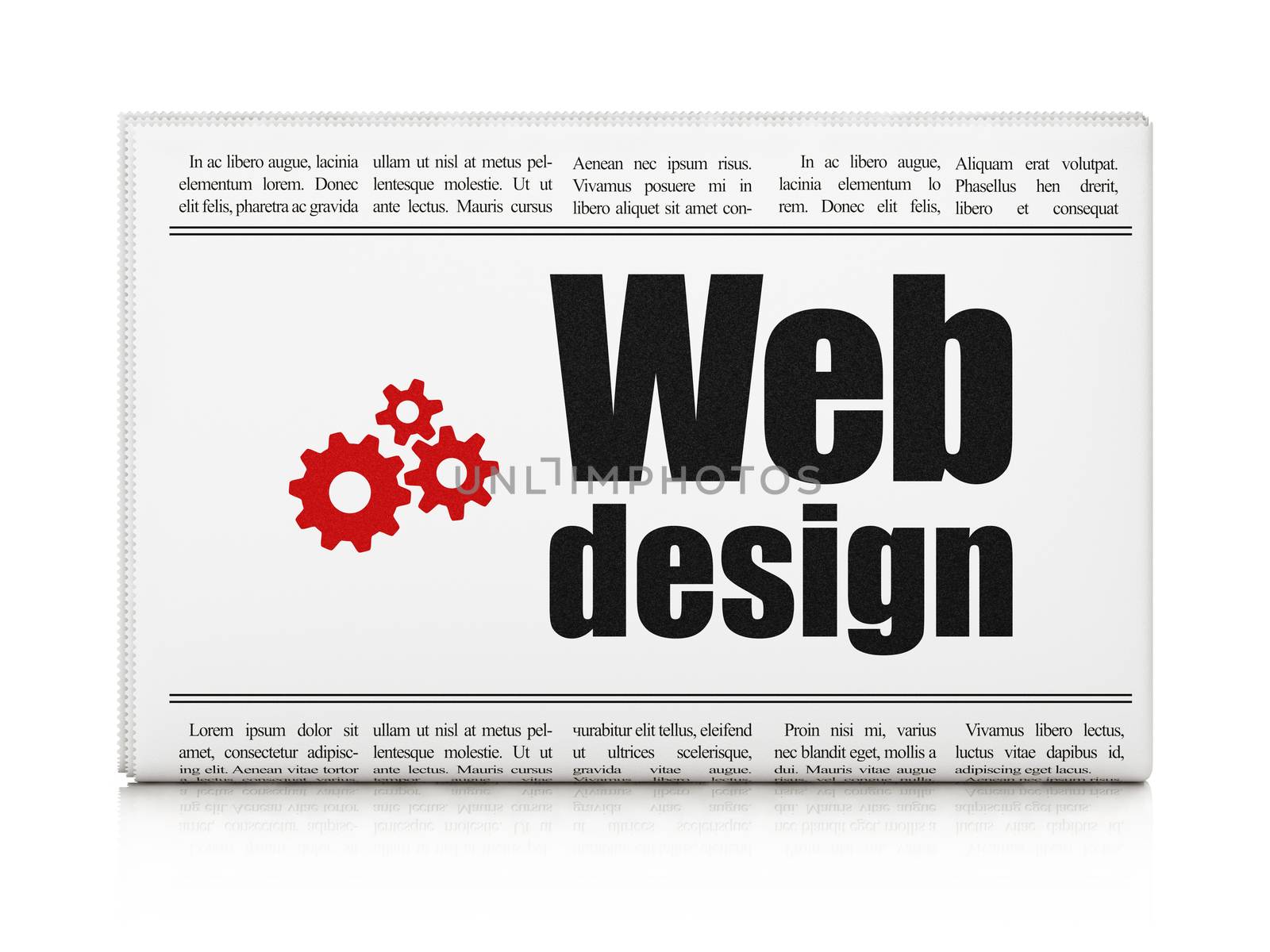 Web design concept: newspaper headline Web Design and Gears icon on White background, 3d render