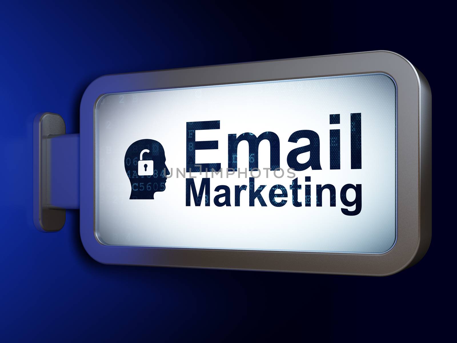 Business concept: Email Marketing and Head With Padlock on advertising billboard background, 3d render