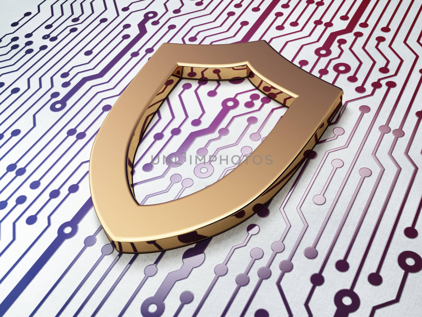 Safety concept: Golden Contoured Shield on Circuit Board background, 3d render