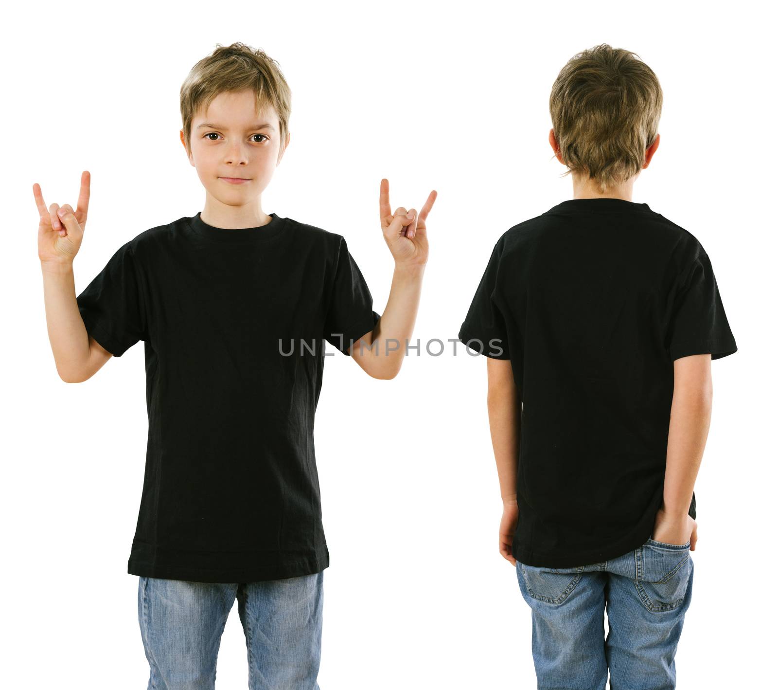 Young boy with blank black t-shirt, front and back. Ready for your design or artwork.