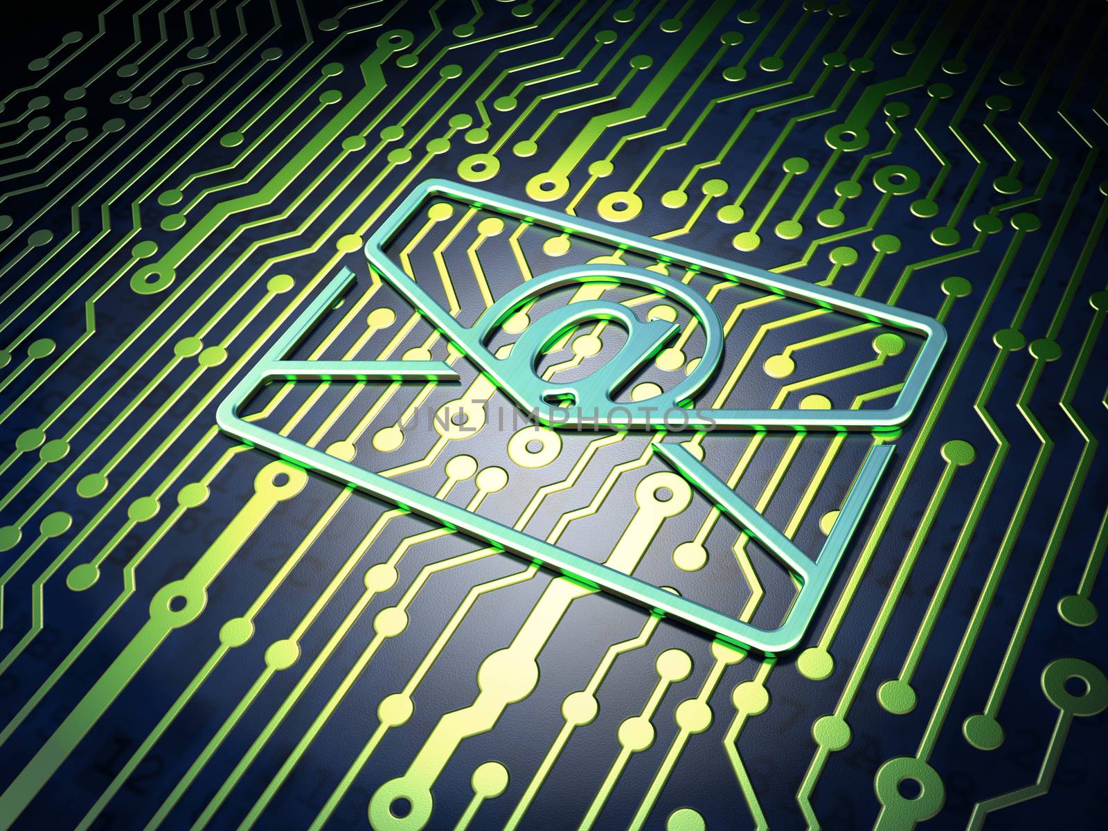 Finance concept: circuit board with Email icon, 3d render