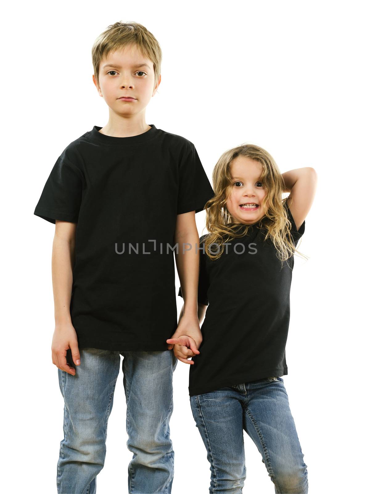 Young children wearing blank black shirts by sumners