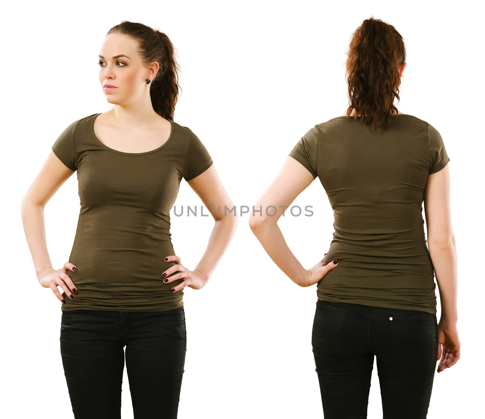 Woman wearing blank olive green shirt by sumners