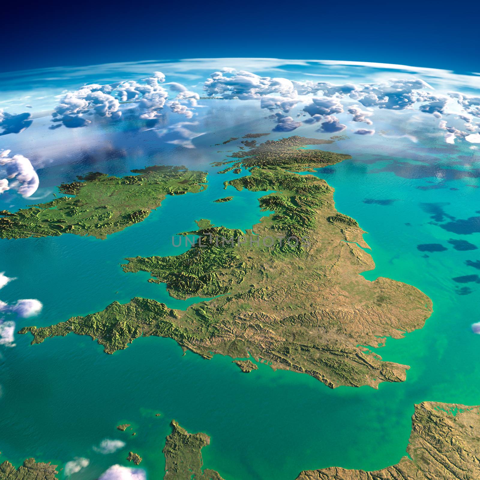 Highly detailed fragments of the planet Earth with exaggerated relief, translucent ocean and clouds, illuminated by the morning sun. United Kingdom and Ireland. Elements of this image furnished by NASA