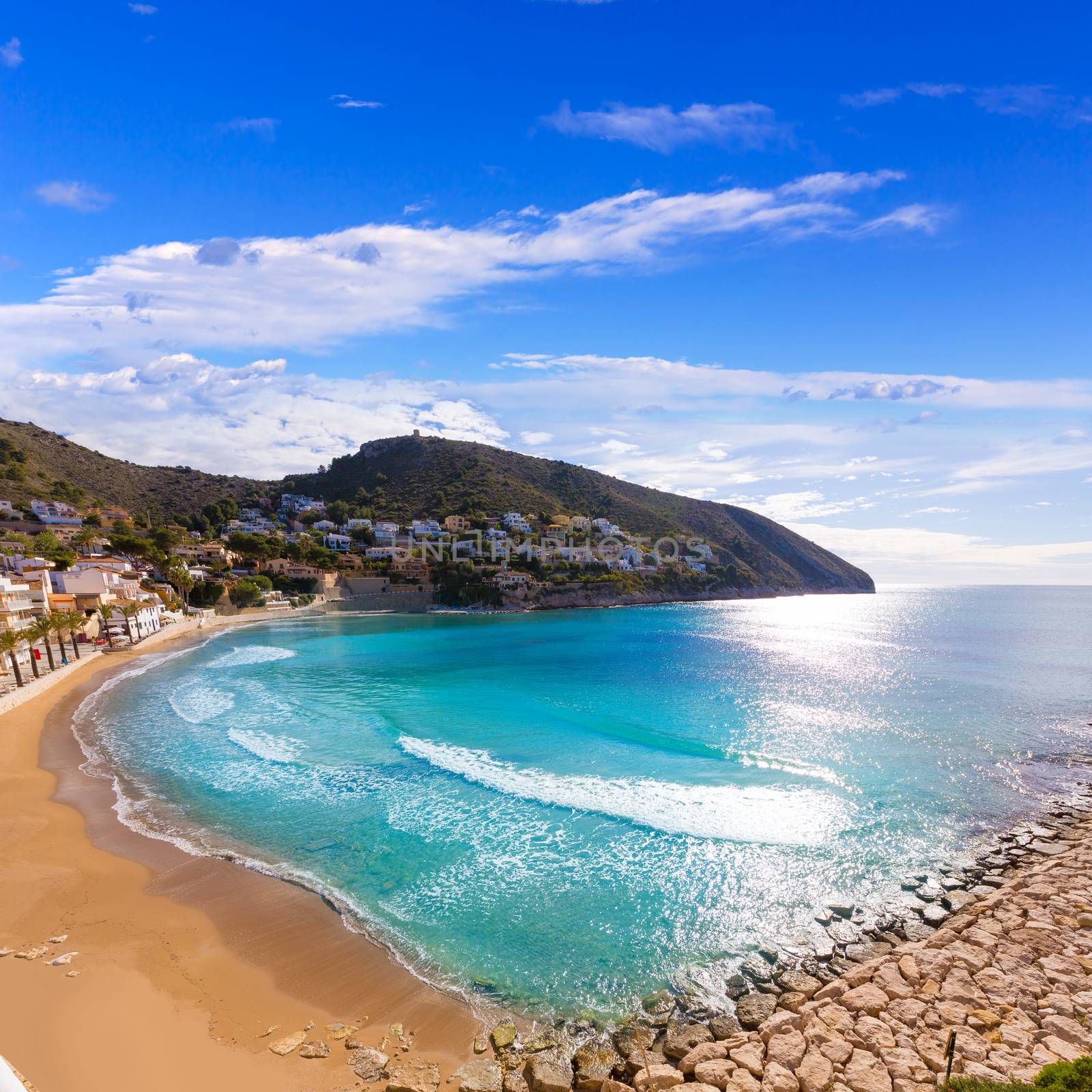 Moraira playa el Portet beach high angle view in Mediterranean Alicante of Spain