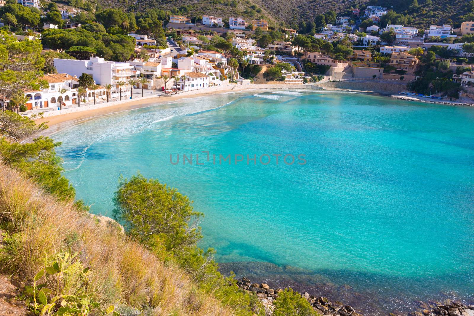 Moraira playa el Portet beach high angle view in Mediterranean Alicante of Spain