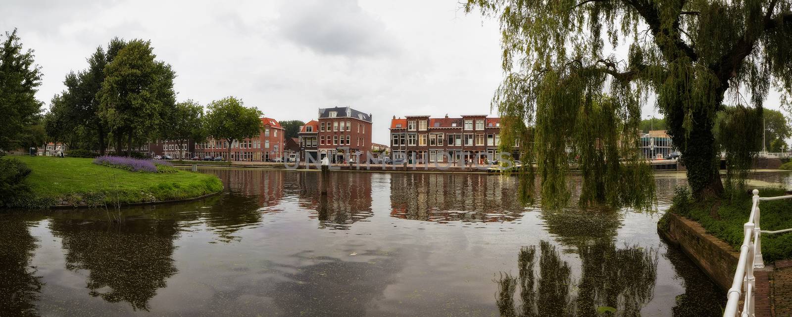 Panorama of quay in the city of Delft, Holland