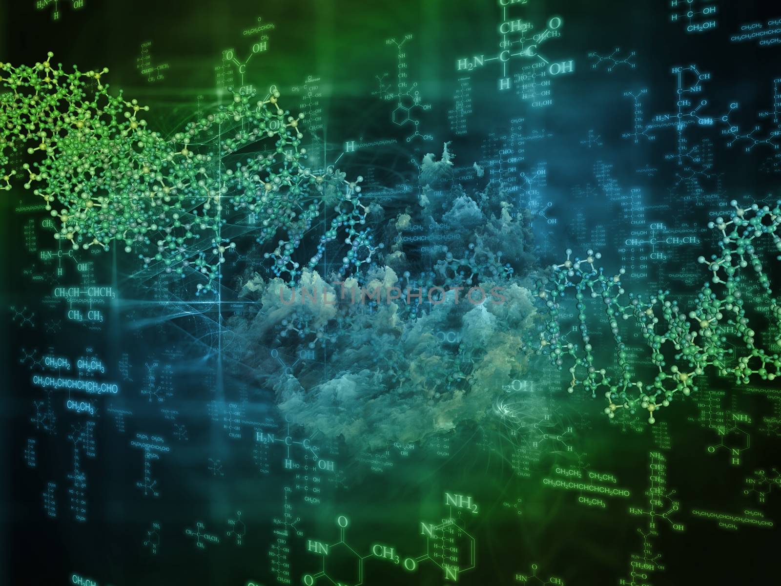 Molecular Dreams series. Visually pleasing composition of conceptual atoms, molecules and fractal elements to serve as  background in works on biology, chemistry, technology, science and education