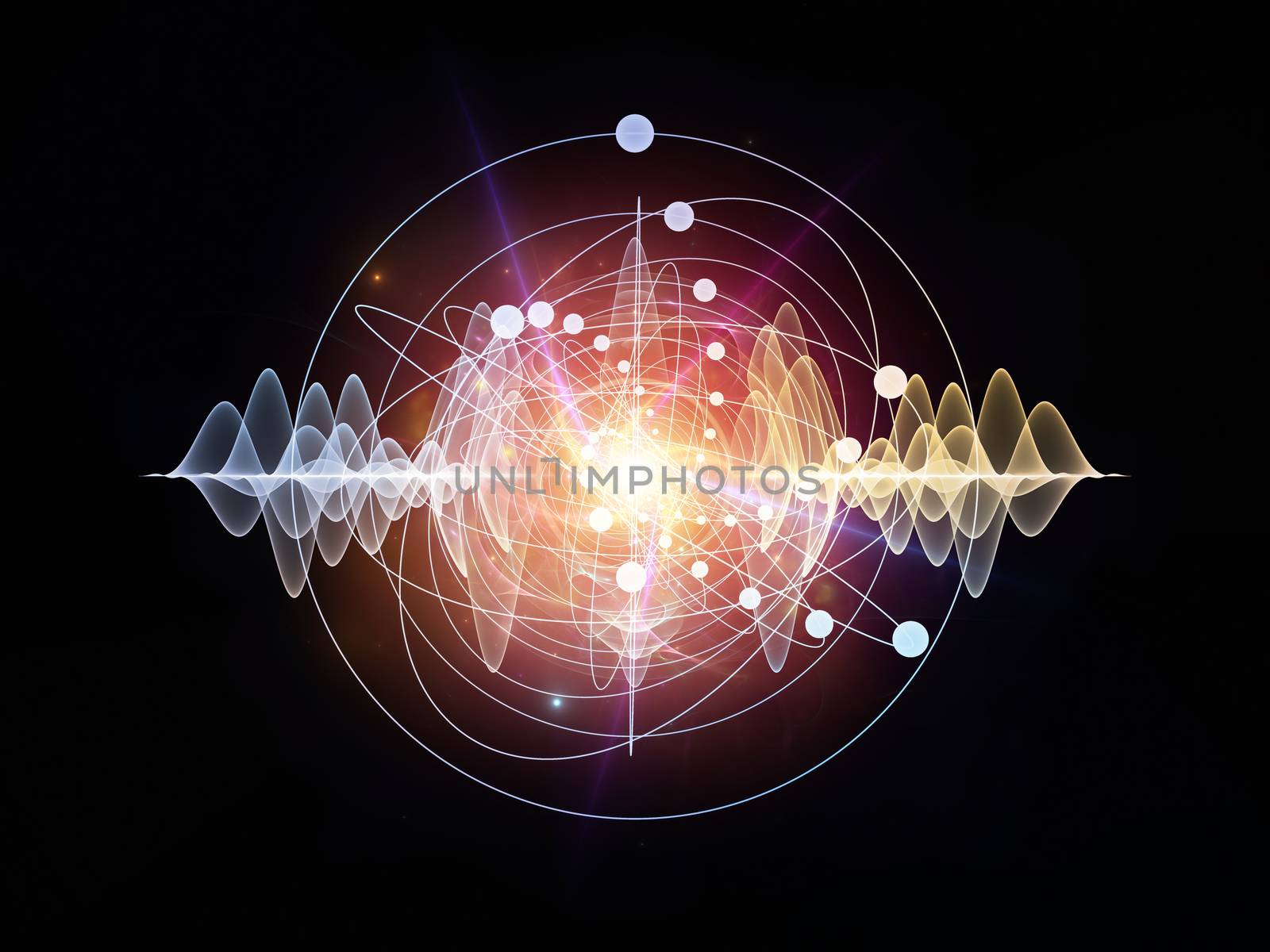 Abstract concept of atom and quantum waves illustrated with fractal elements