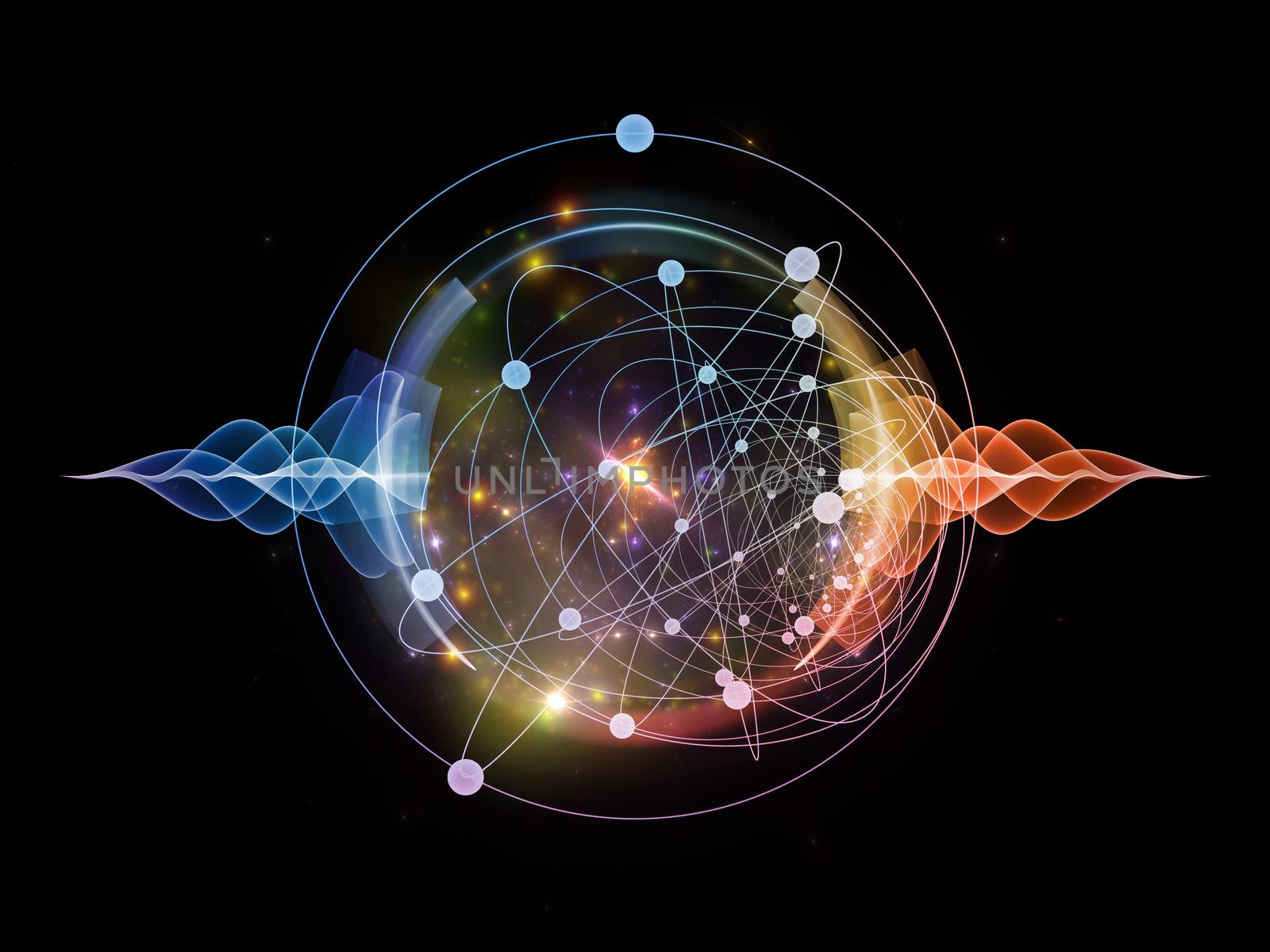 Abstract concept of atom and quantum waves illustrated with fractal elements