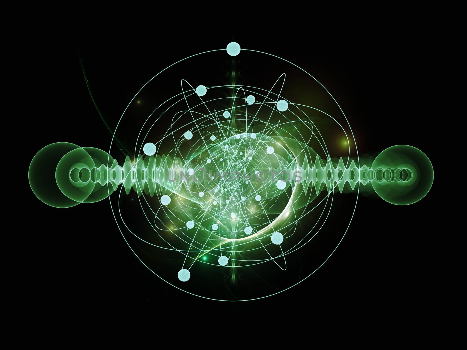 Abstract concept of atom and quantum waves illustrated with fractal elements