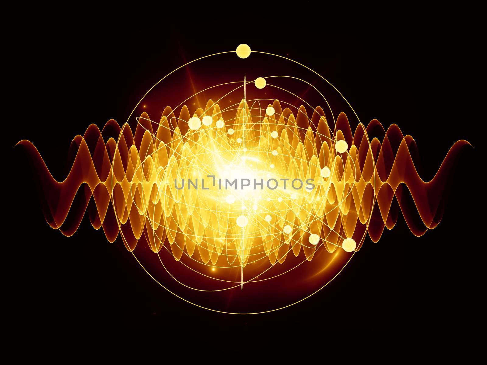 Abstract concept of atom and quantum waves illustrated with fractal elements
