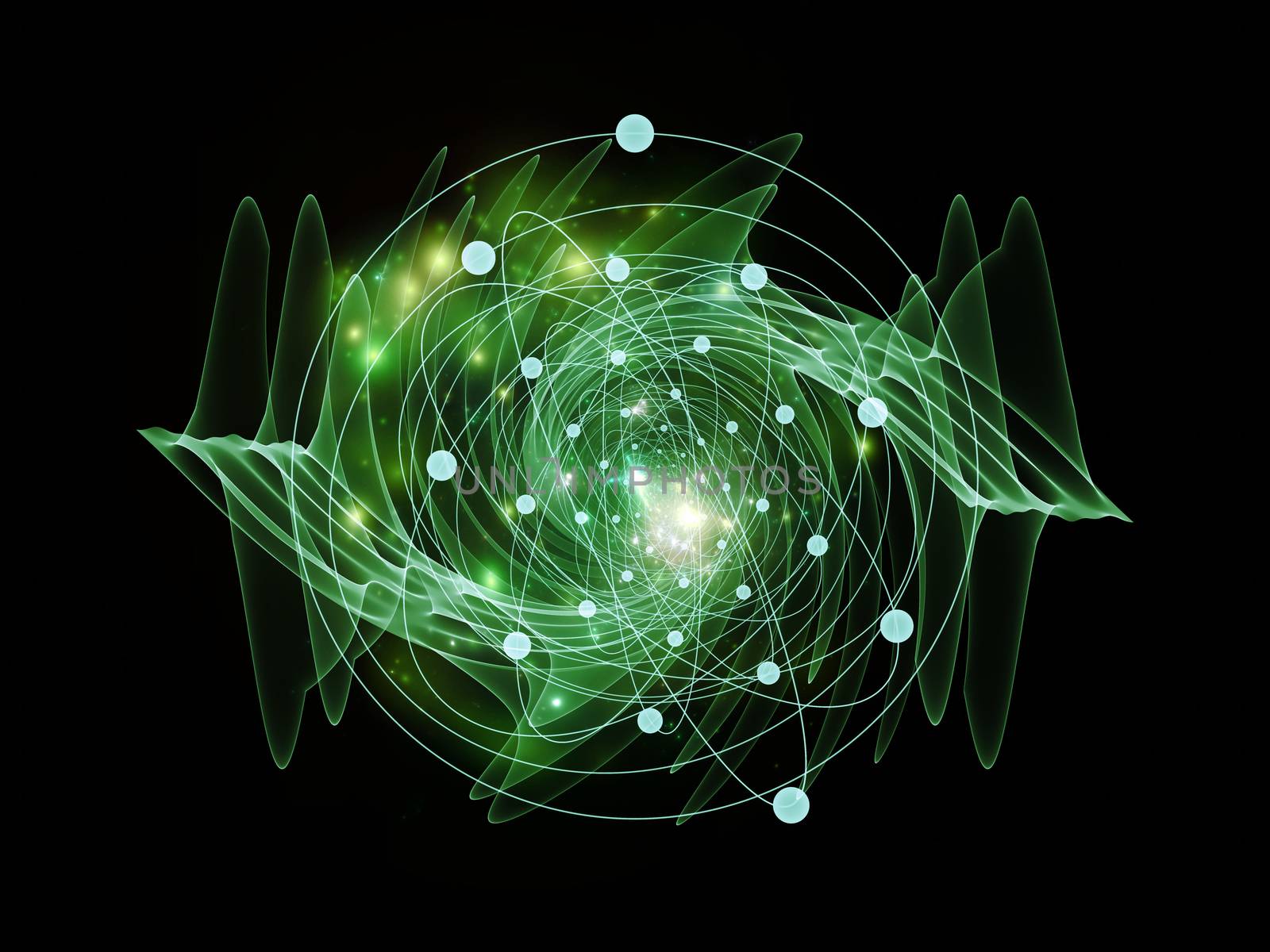 Abstract concept of atom and quantum waves illustrated with fractal elements