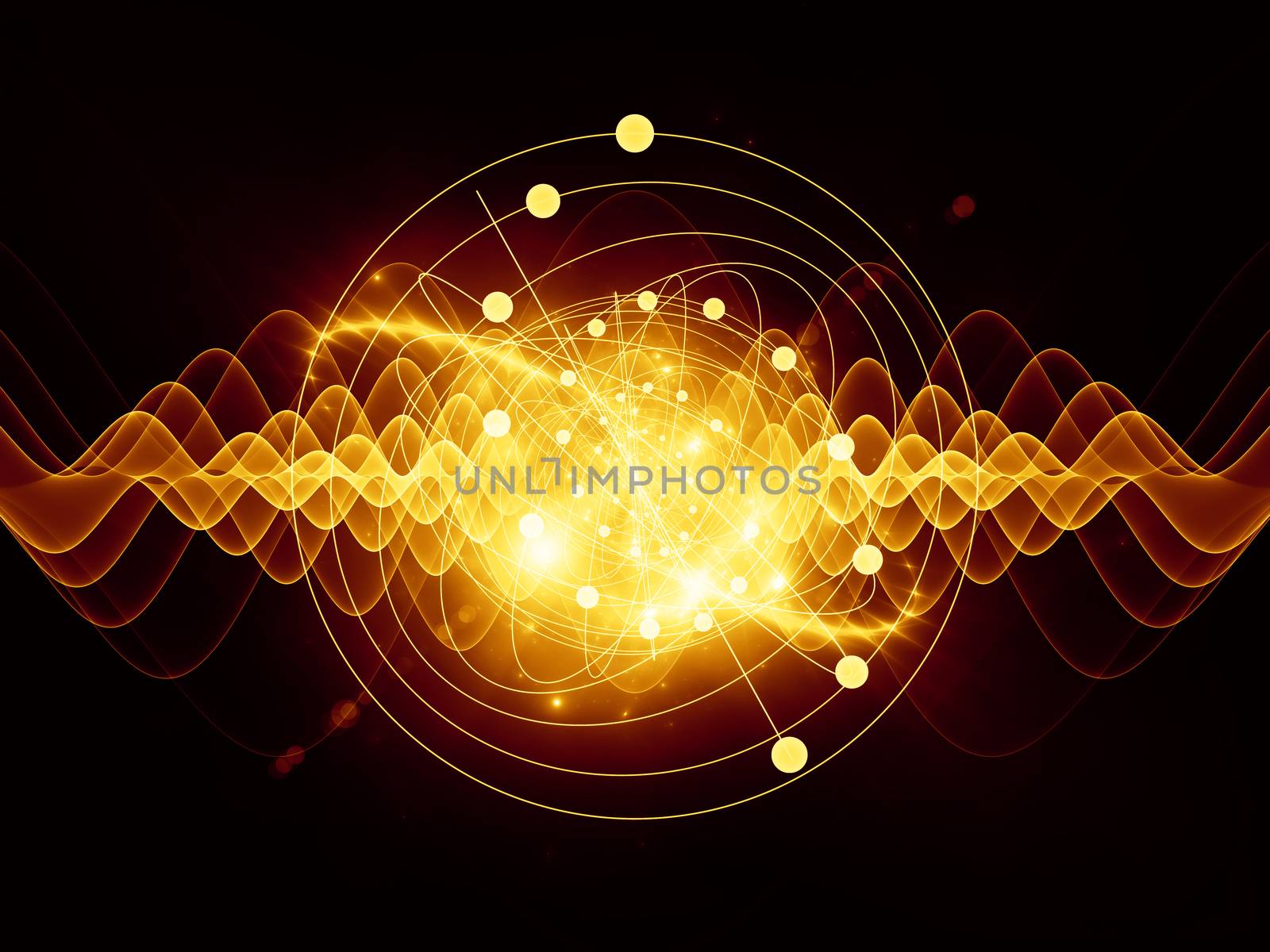 Abstract concept of atom and quantum waves illustrated with fractal elements