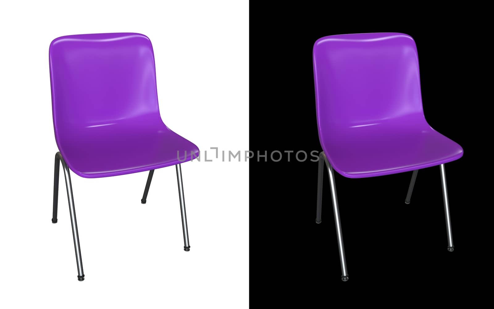 Violet modern chair isolated on black and white background. Kitchen interior, garden or dining room plastic and steel furniture 3d render illustration