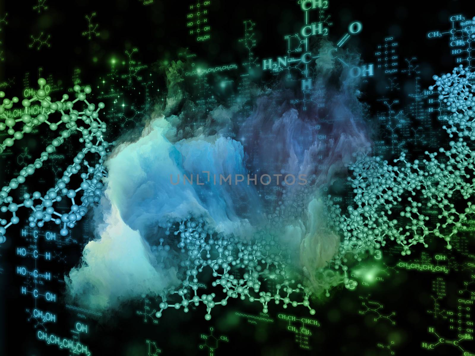 Molecular Dreams series. Backdrop composed of conceptual atoms, molecules and fractal elements and suitable for use in the projects on biology, chemistry, technology, science and education