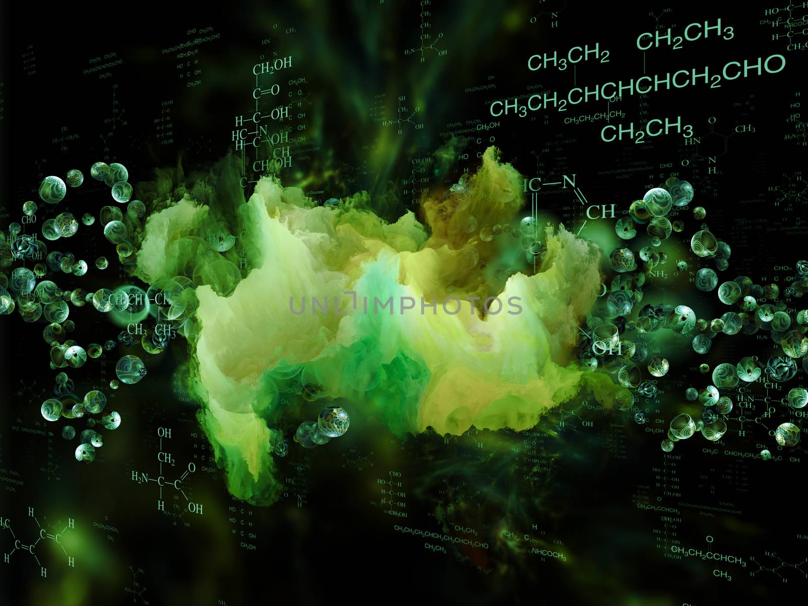 Molecular Dreams series. Composition of conceptual atoms, molecules and fractal elements on the subject of biology, chemistry, technology, science and education