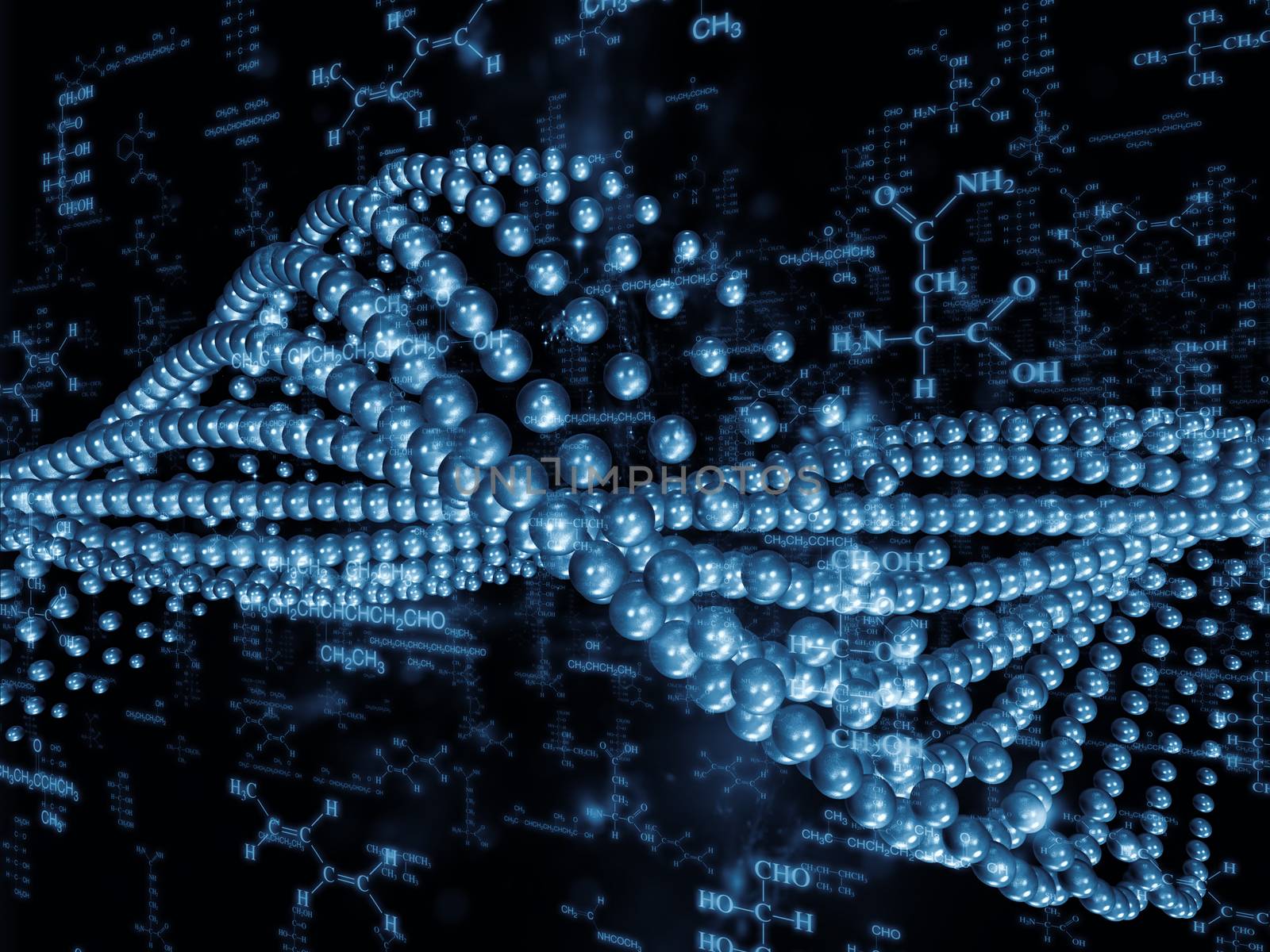 Molecular Dreams series. Arrangement of conceptual atoms, molecules and fractal elements on the subject of biology, chemistry, technology, science and education