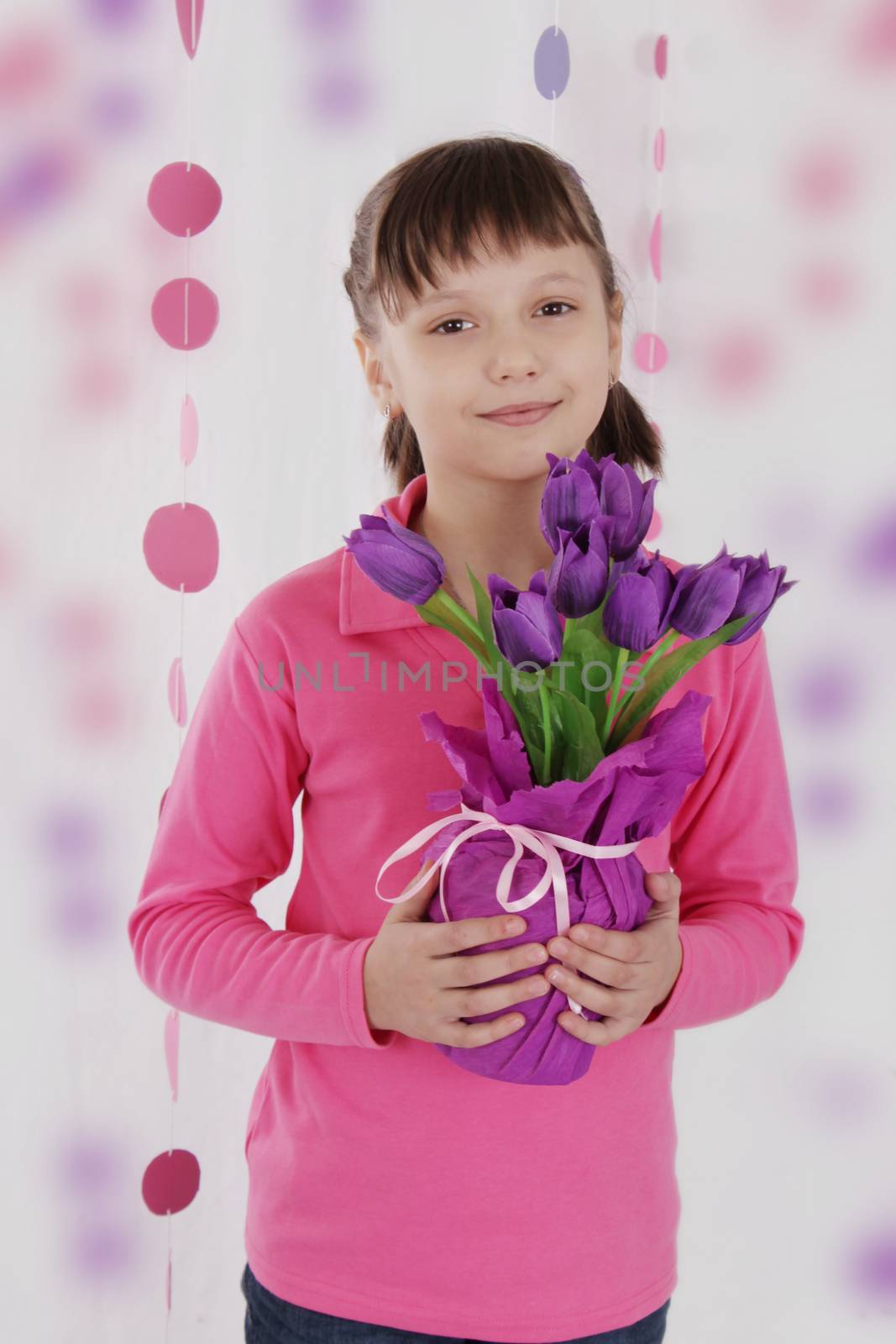 Cute girl with violet tulip bouquet by Angel_a