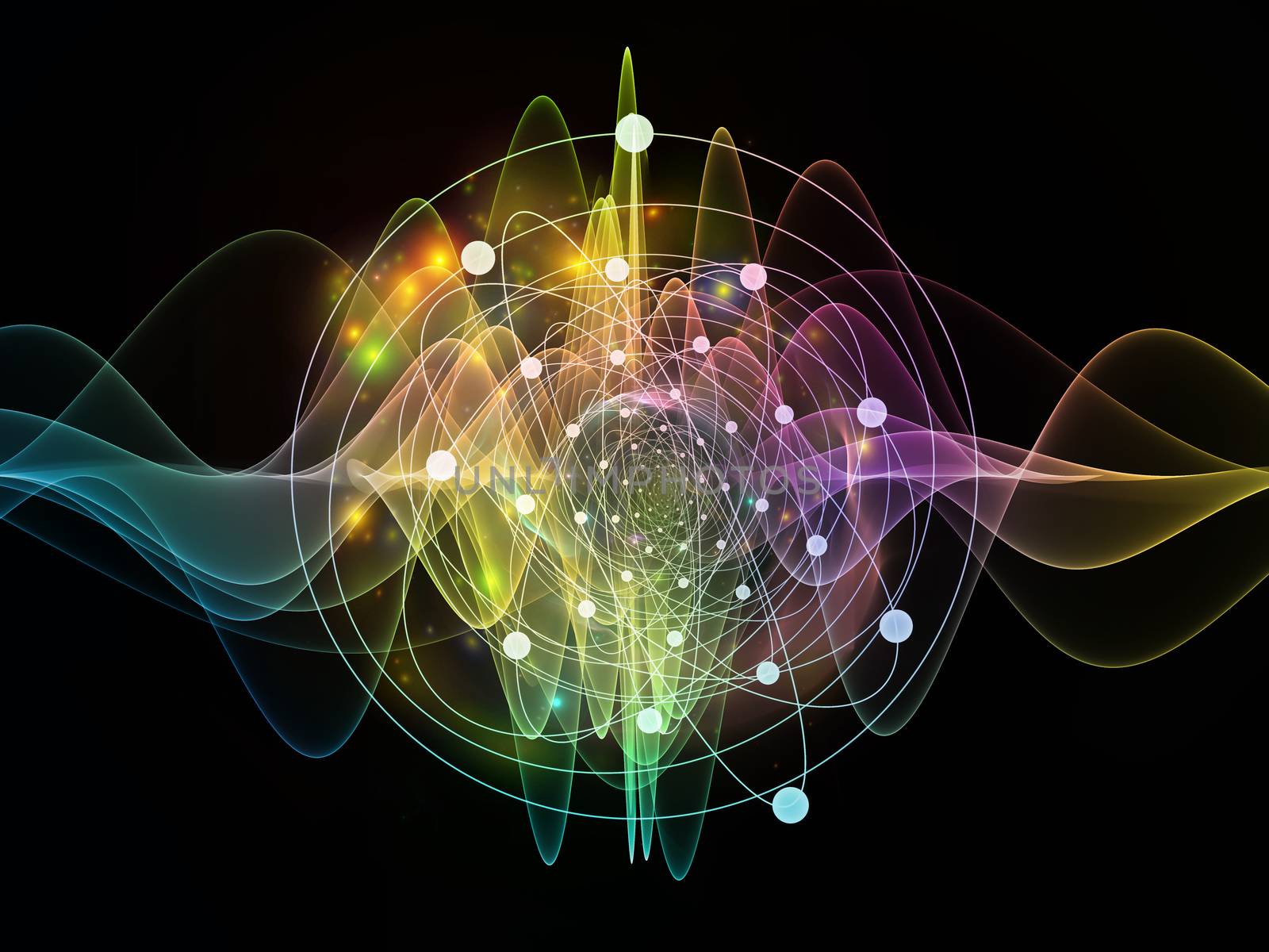 Abstract concept of atom and quantum waves illustrated with fractal elements