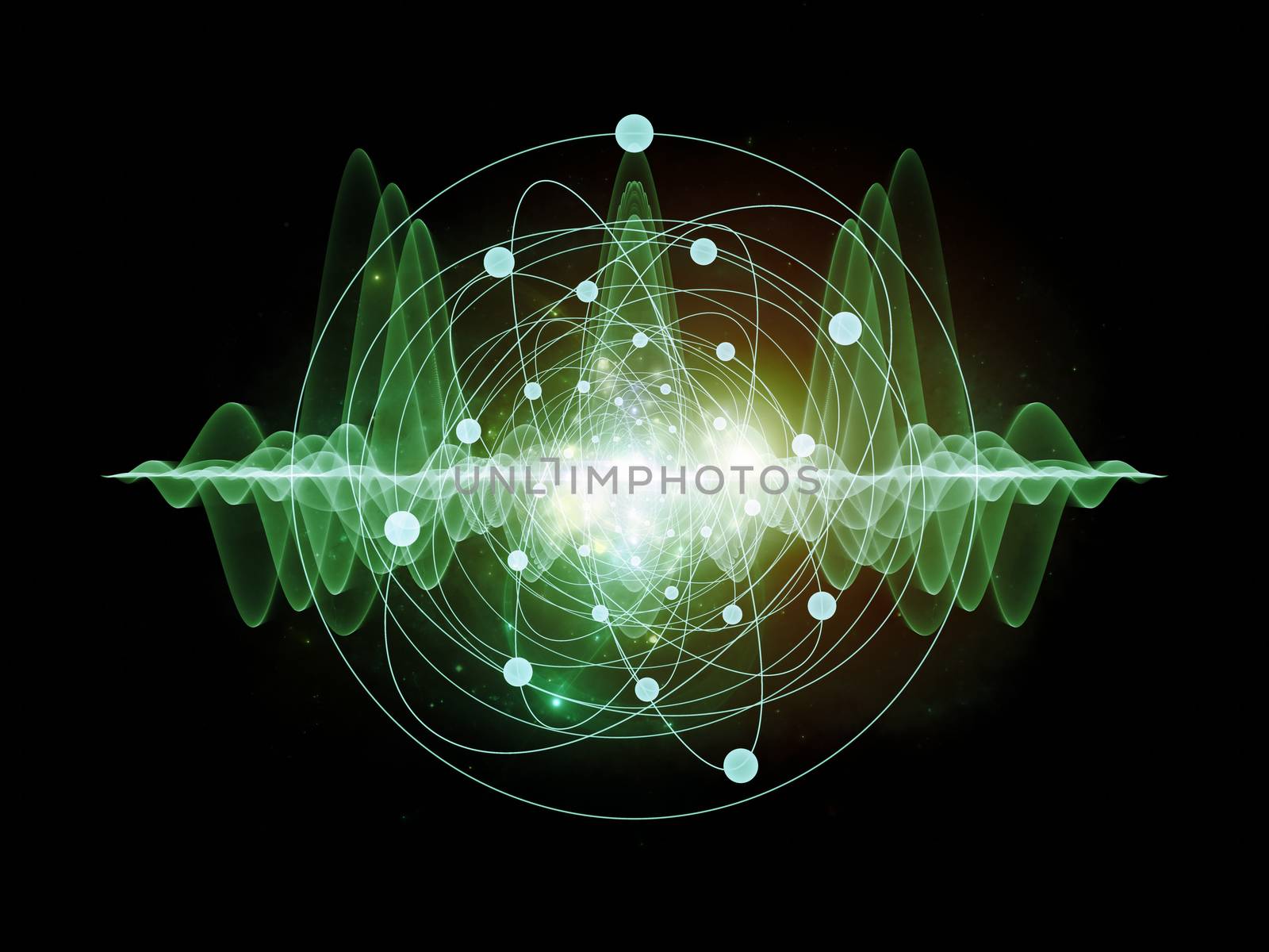 Abstract concept of atom and quantum waves illustrated with fractal elements