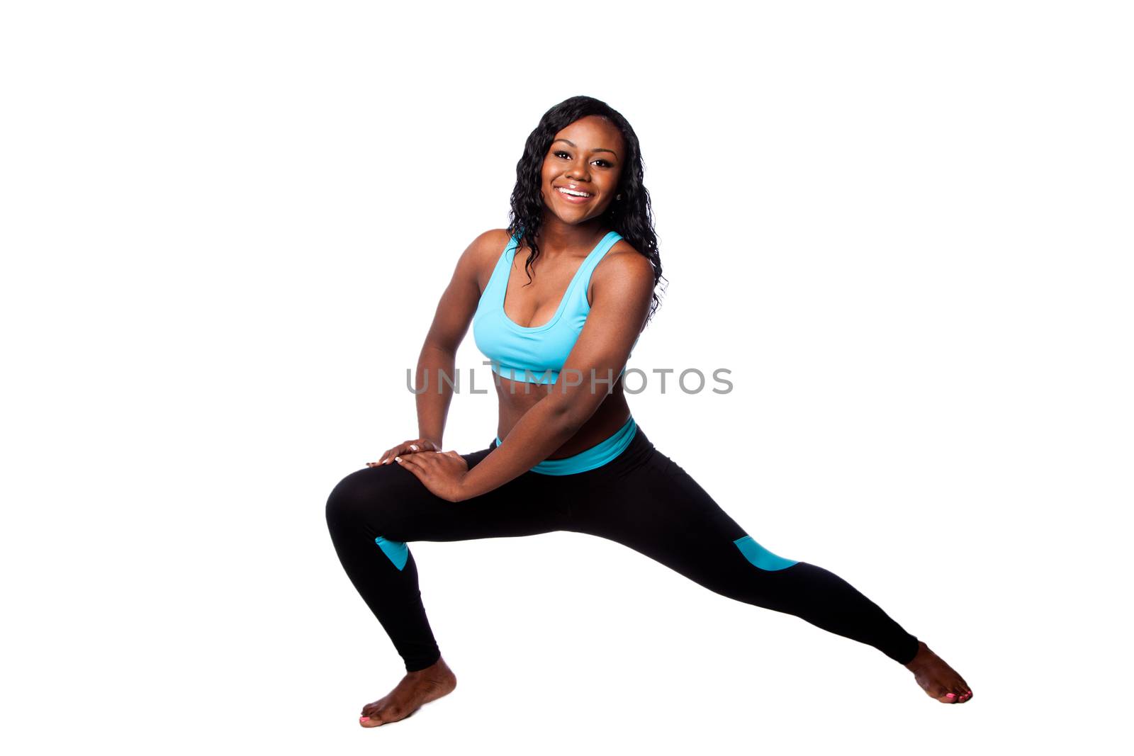 Happy woman doing workout fitness stretching exercise to feel good, bodycare concept, isolated.