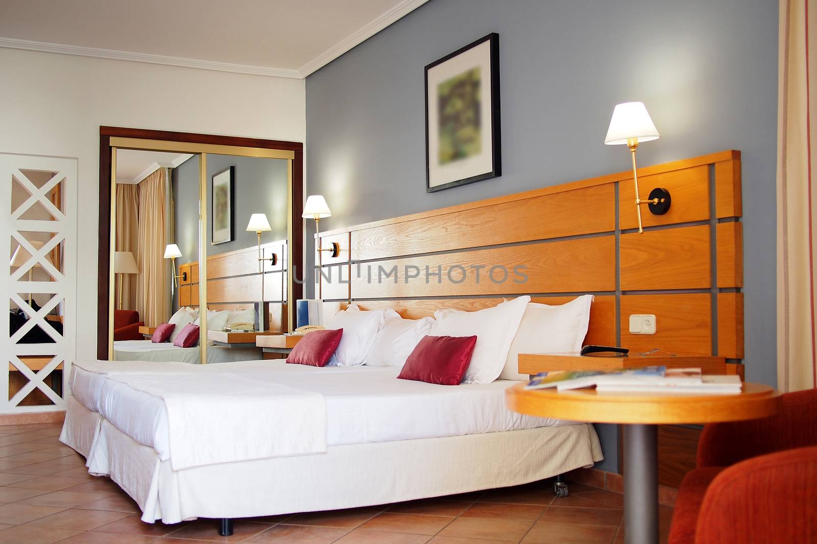 Interior of a hotel room for two, modern and classic style