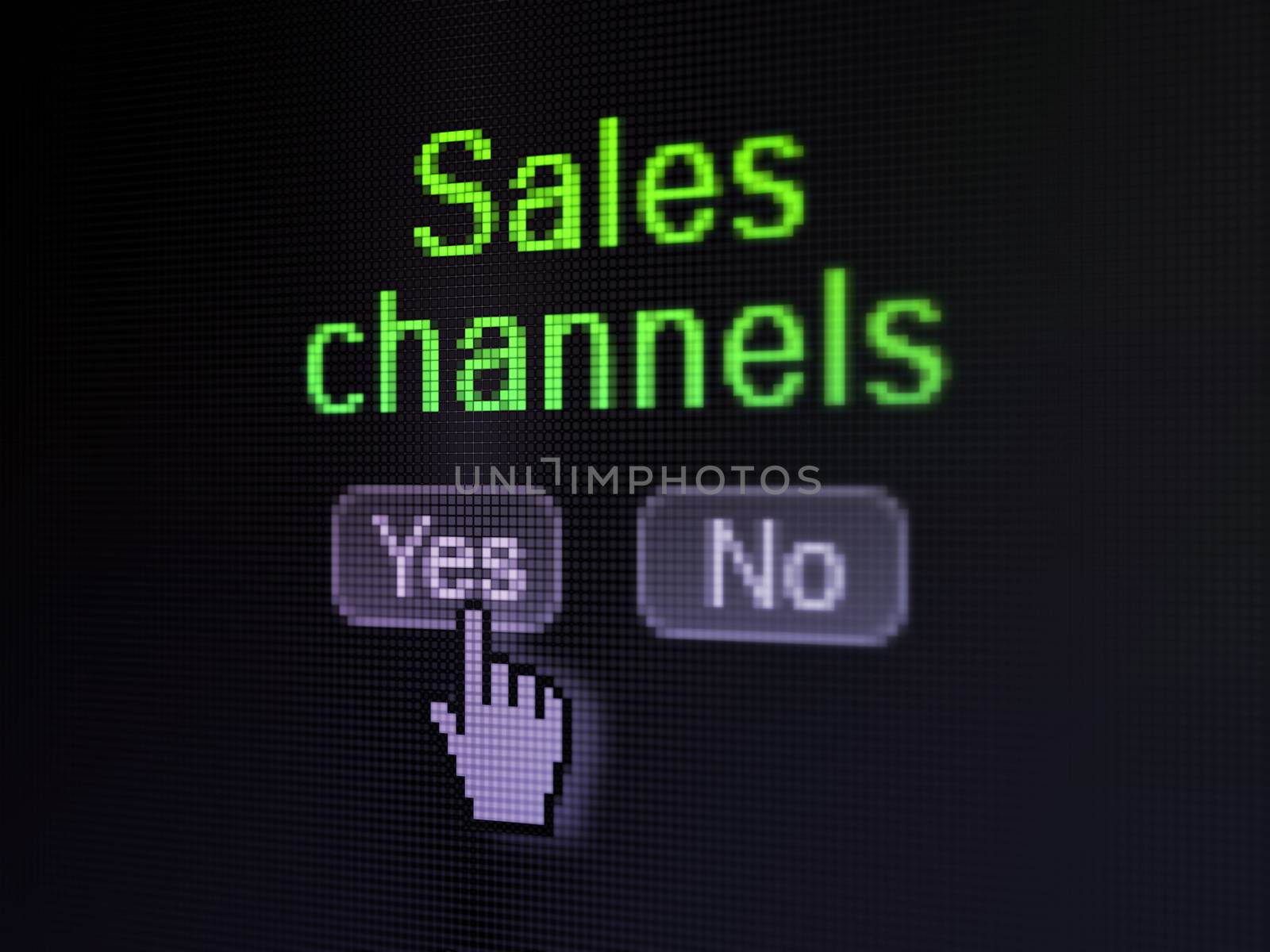 Advertising concept: buttons yes and no with pixelated word Sales Channels and Hand cursor on digital computer screen, selected focus 3d render