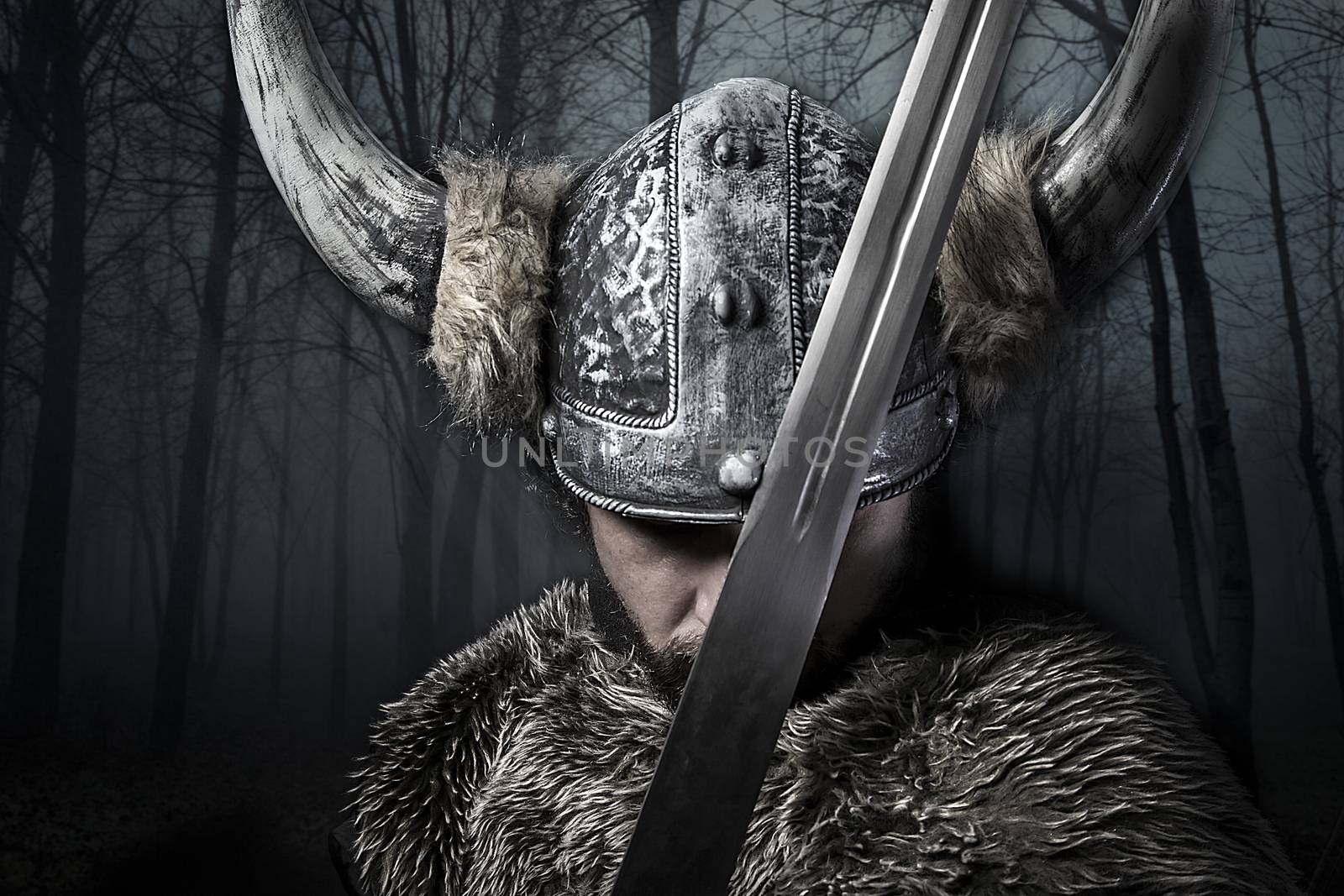 Sword, Viking warrior with helmet over forest background by FernandoCortes