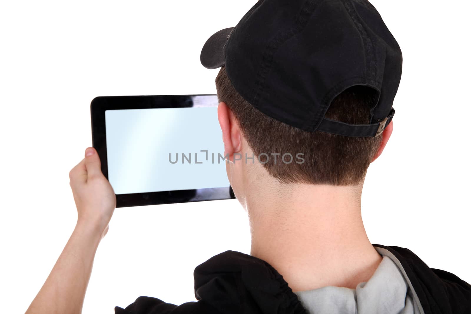 Young Man holding Tablet Computer with Empty screen Isolated on the White Background