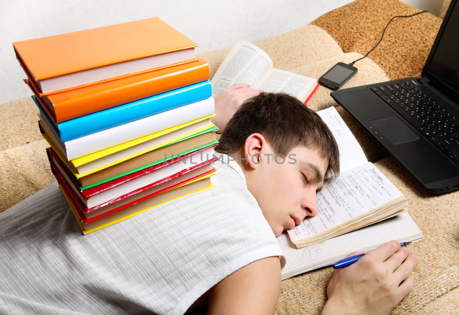 Tired Teenager sleeps after Learning on the Sofa with the Books