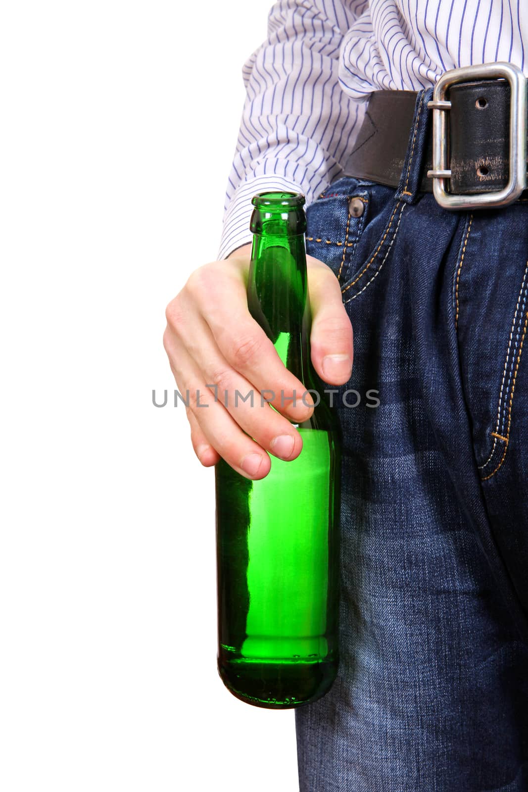 Person holding Beer Bottle Close-up on the White Background