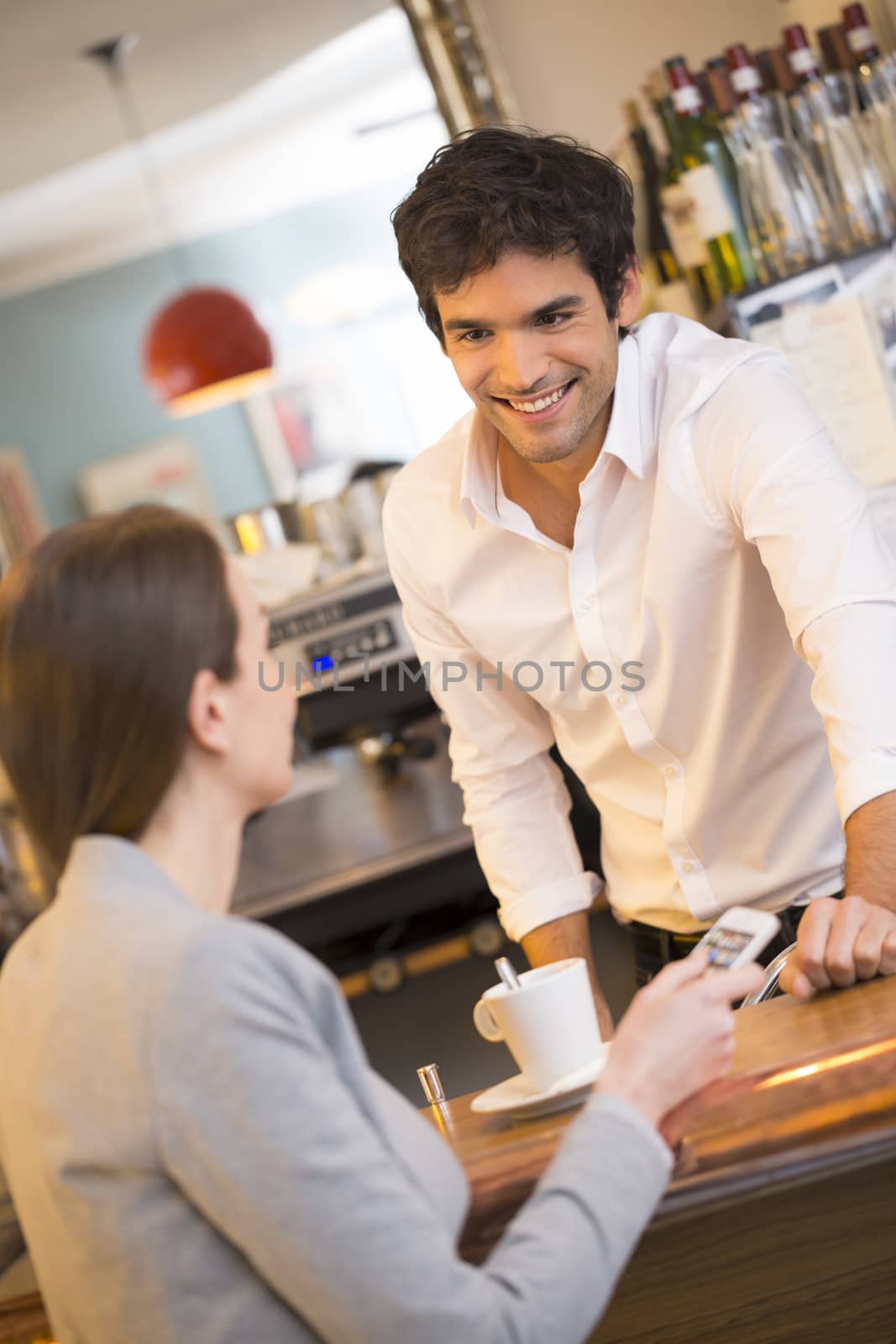 cute female restaurant pub man smiling barman