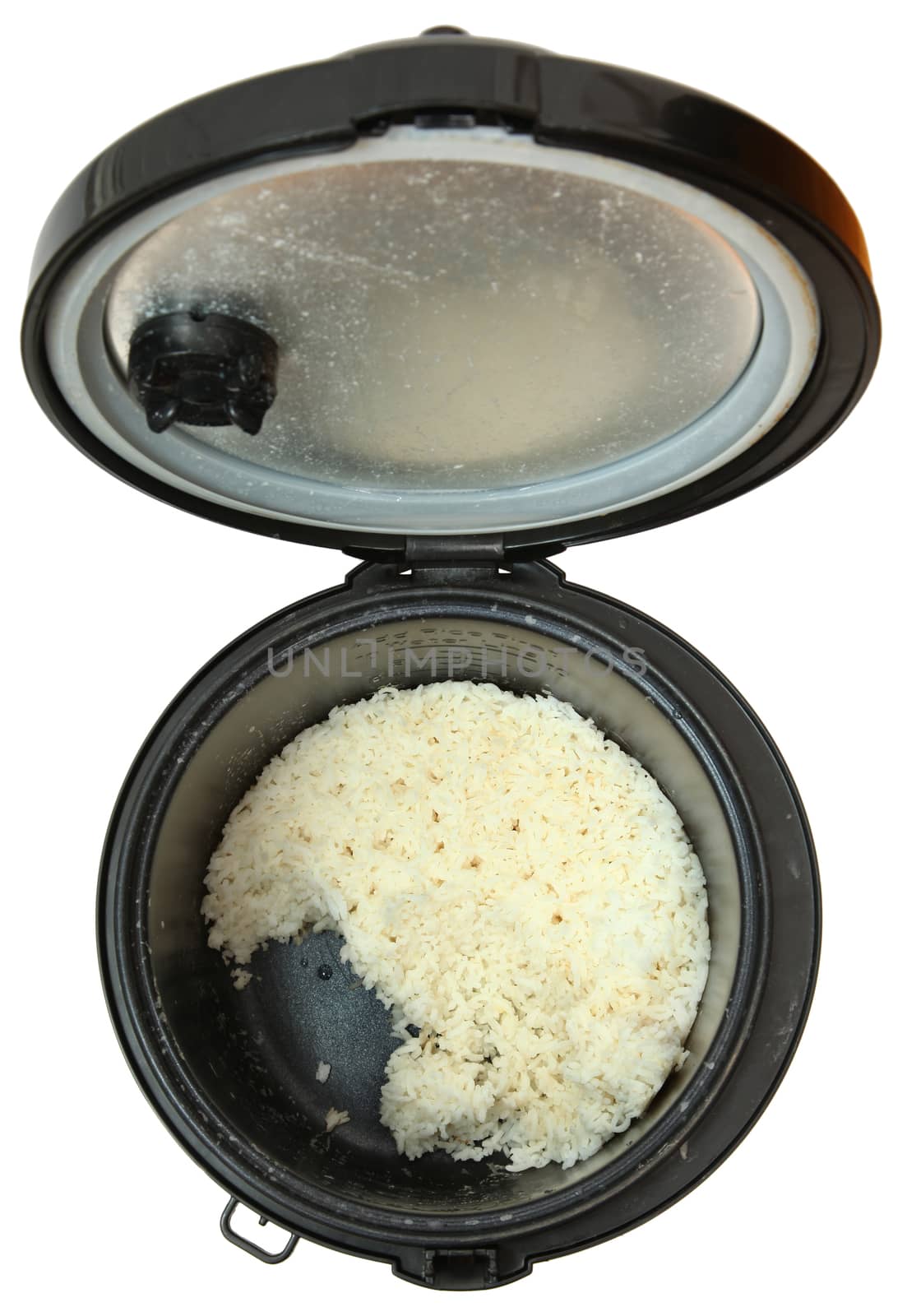 Top View Used Rice Cooker with White Rice, Over White