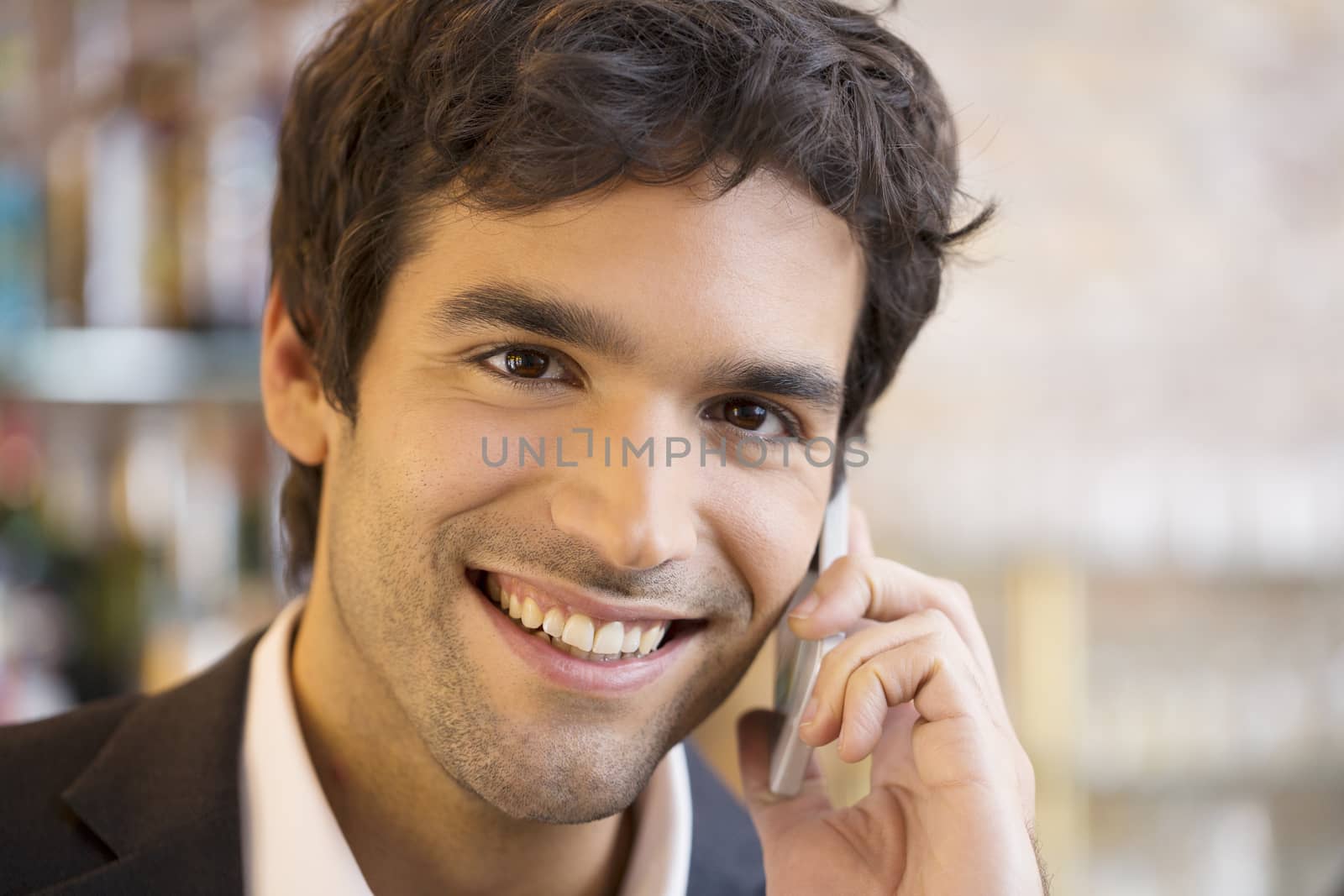 Male cheerful mobile phone smiling restaurant