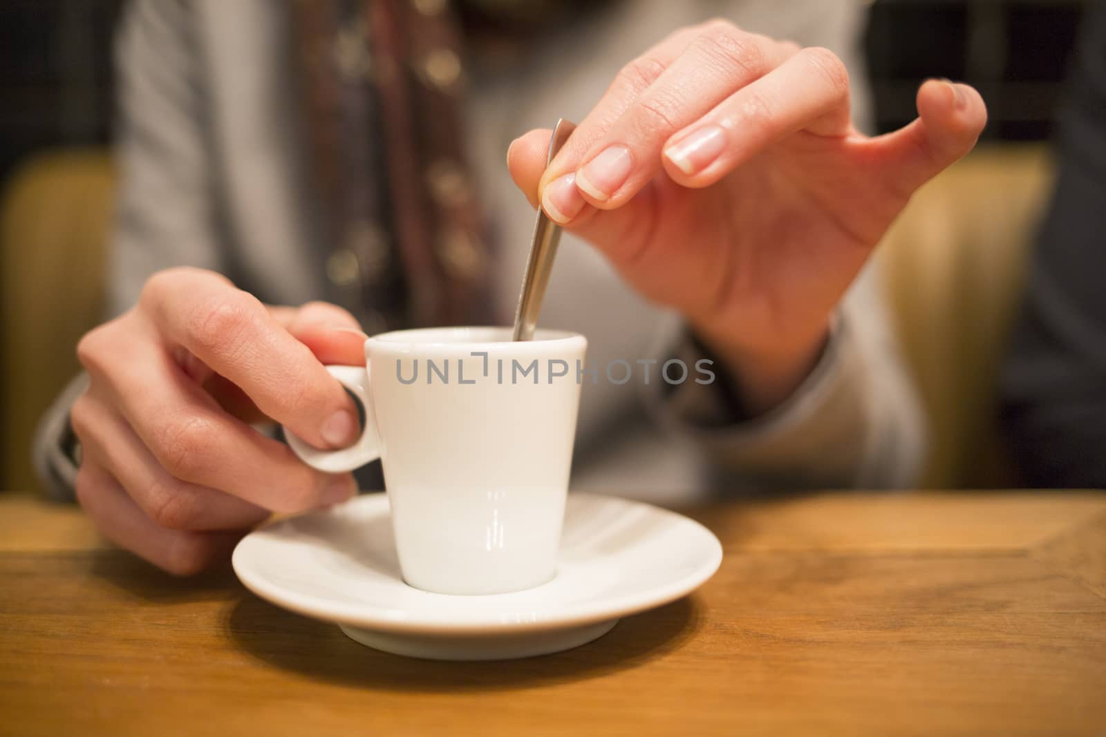 Close up of hands woman and cup of coffee  by LDProd