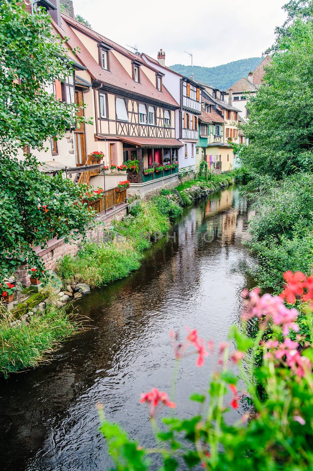Traditional houses by a river in alsace, france