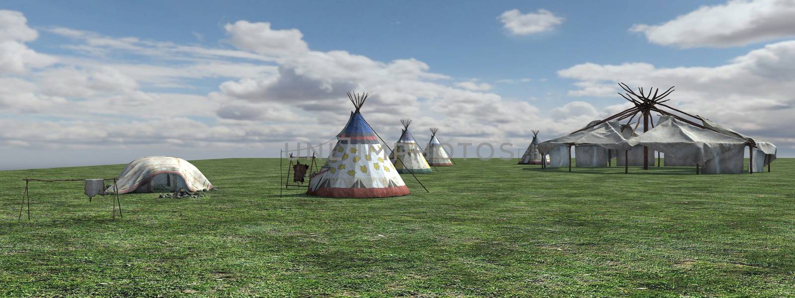 3D digital render of a  native american village, panorama view