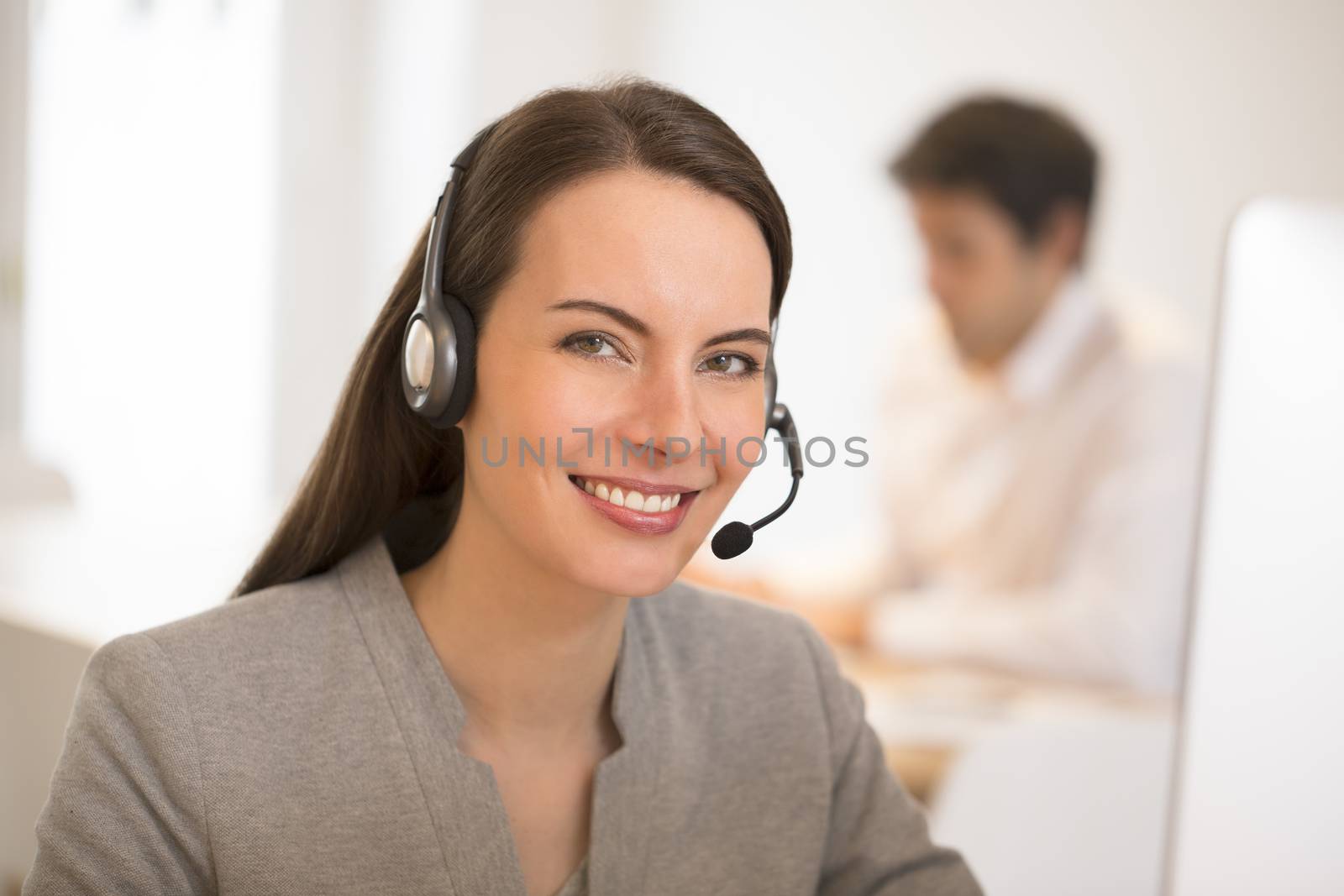 smiling Female pretty desk headphone portrait