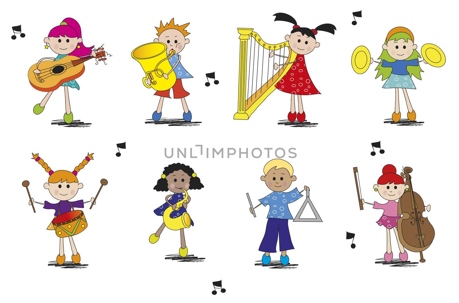 illustration of children with different type of instrument