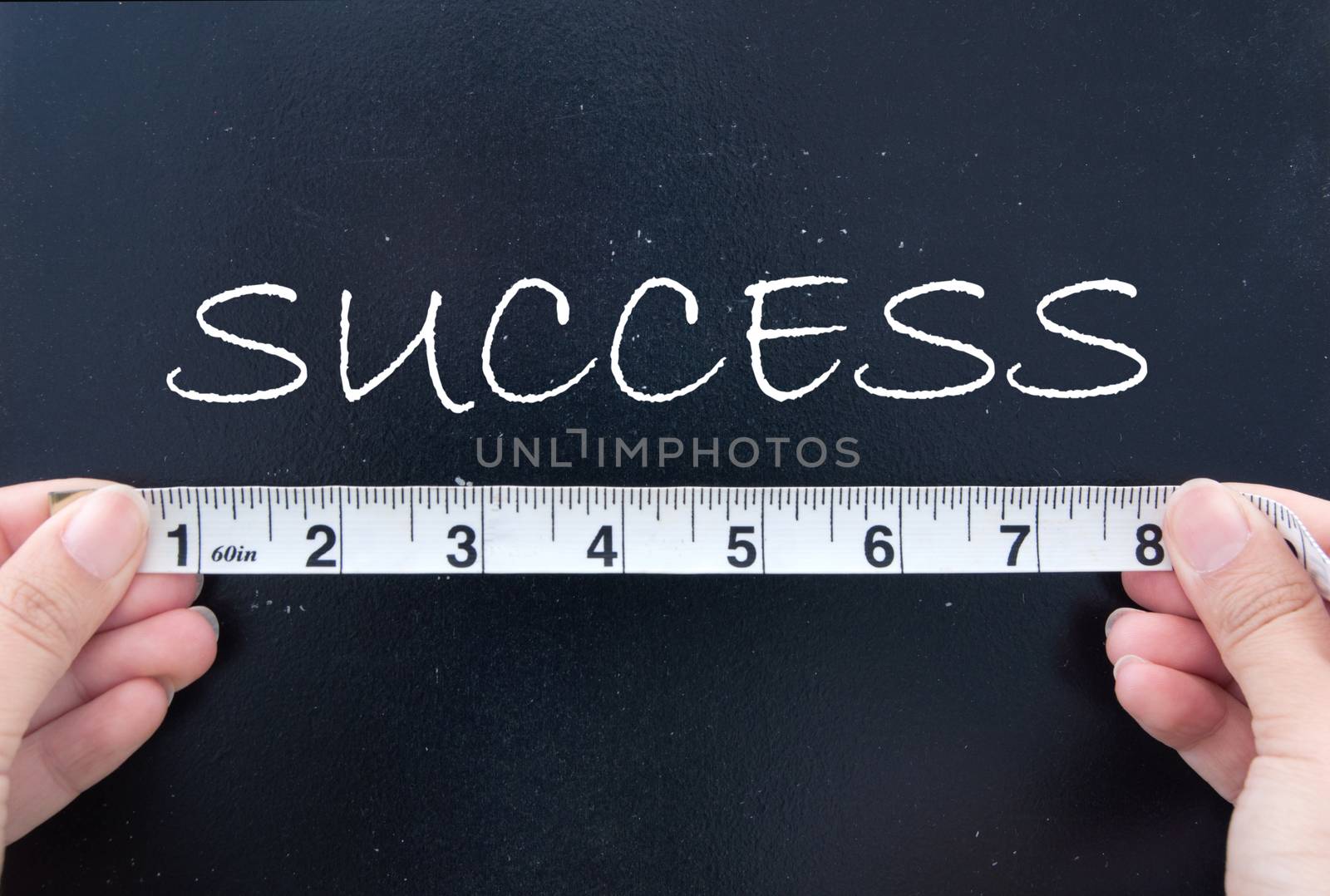 Tape measuring the word success on a chalk board 