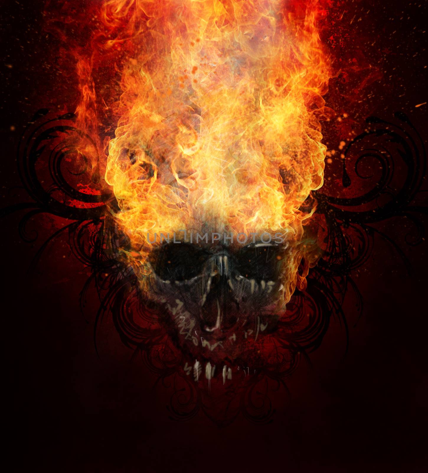 Burning skull. Sketch of tattoo art, fire with tribal flourishes by FernandoCortes