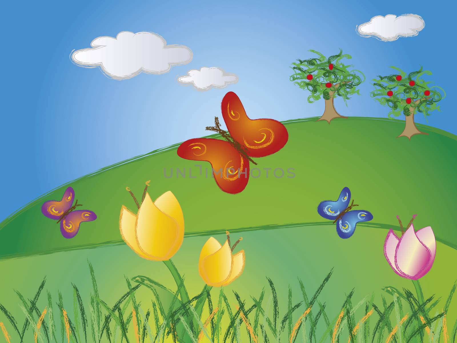  illustration of spring landscape with flowers and butterfly